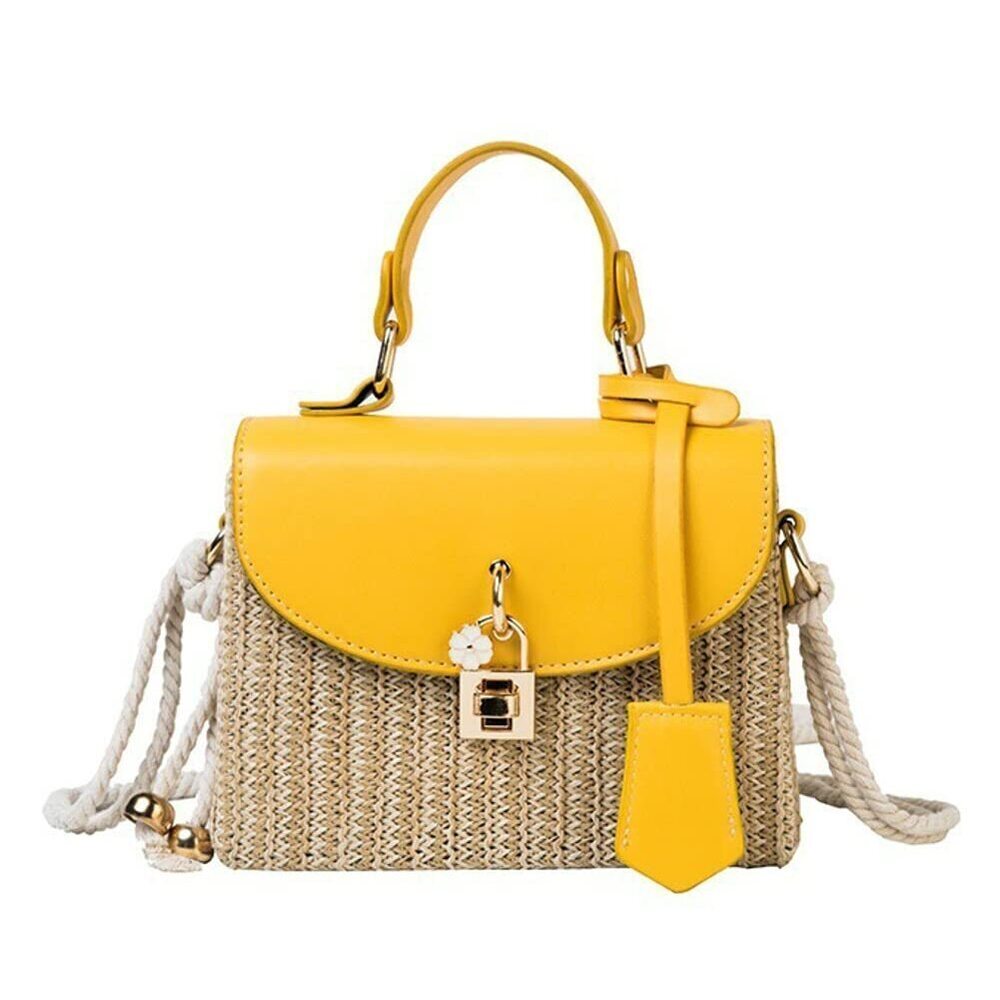 1801 Straw Crossbody Bag Hand Woven Shoulder Bag Leather Top Handle Small